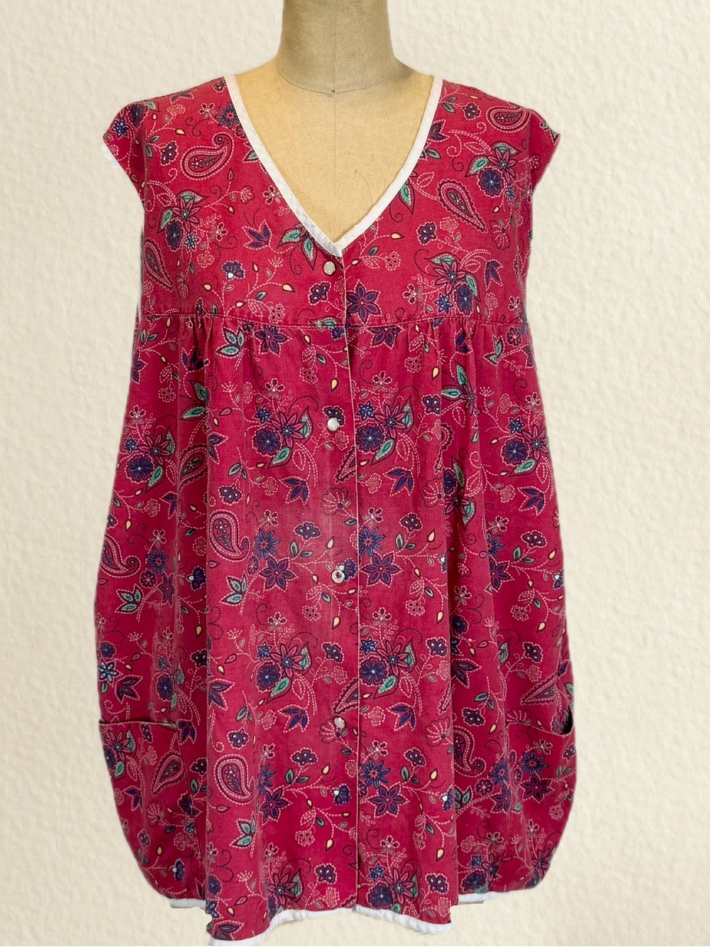 VINTAGE 80s calico floral apron smock sleeveless top button front house chore 2X